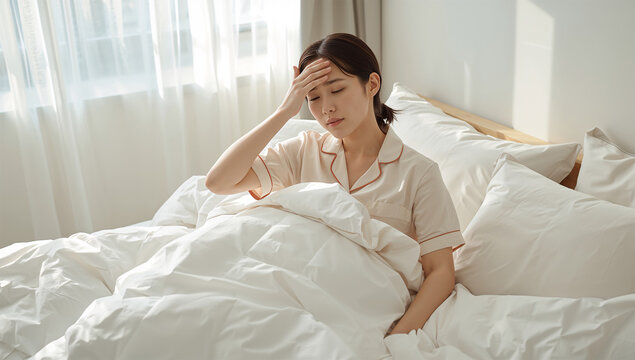 明るい朝の寝室で寝起きのだるさを感じる日本人女性の写真