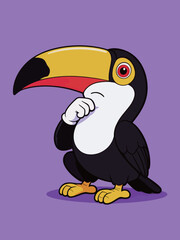 Fototapeta premium Cartoon Toucan Thinking in Purple Background