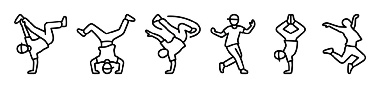 Six distinct black outline illustrations of breakdancing figures performing various dynamic poses and movements, showcasing urban dance culture