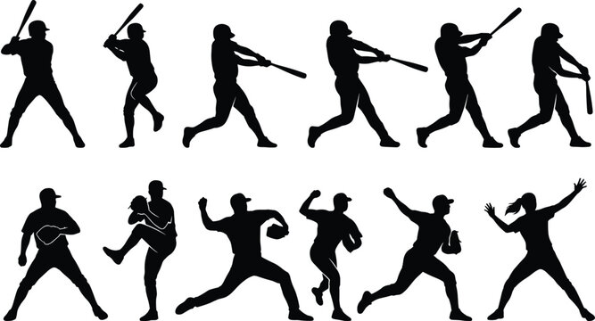 Baseball player action silhouettes during game progression on white background clean studio shot