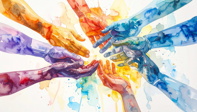 Concept de mains &agrave; l'aquarelle tendant vers l'unit&eacute;
