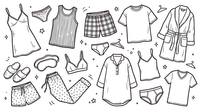 Various hand-drawn sleepwear and loungewear items, including pajamas, robes, slippers, and underwear, in a playful doodle style