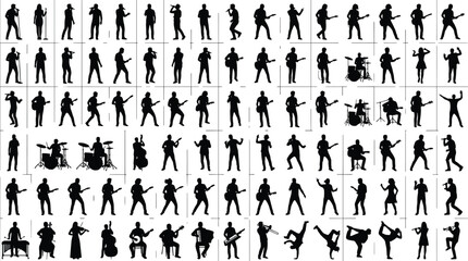 Musician silhouettes set band performers playing instruments guitar drums singing concert black isolated vector collection © MdTanvir