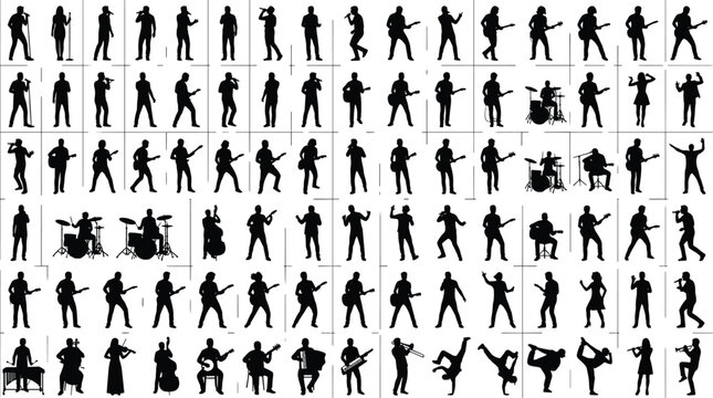Musician silhouettes set band performers playing instruments guitar drums singing concert black isolated vector collection