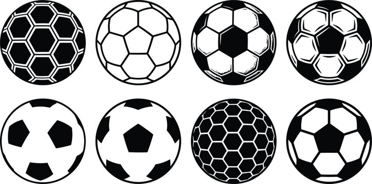 Eight Soccer Balls in a Grid Pattern with Diverse Panel Designs Against a White Background