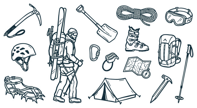 Various outdoor adventure and mountaineering equipment items are neatly arranged in a hand-drawn, illustrative style on a clean surface