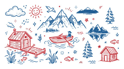 Fototapeta premium Hand-drawn doodle style outdoor elements featuring mountains, cabins, boats, and nature in a vibrant red and blue color palette