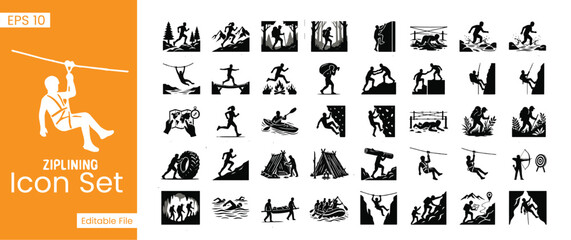 Naklejka premium Ziplining and Extreme Outdoor Adventure Icon Set Mountain Climbing Camping and Survival Sports Vector Graphic