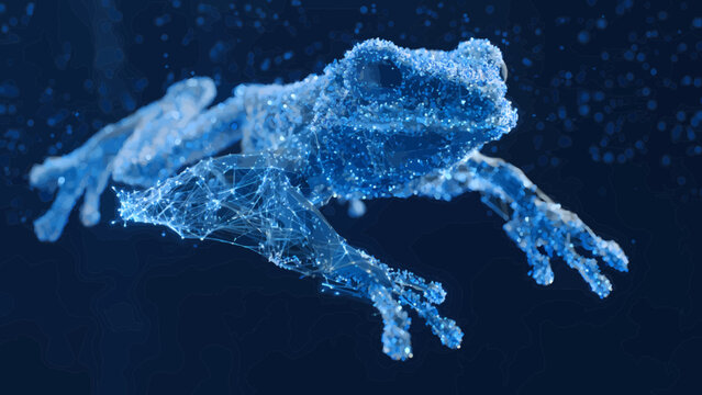 Frog composed of glowing blue water particles leaps through a dark void representing the fluid nature of organic life.