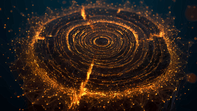 Tree rings formed by swirling golden sparks create a glowing digital representation of nature.