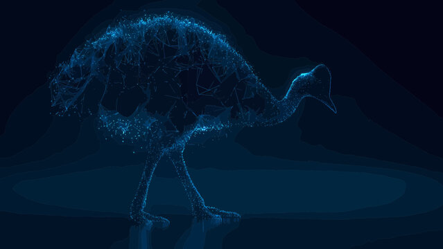 Ostrich depicted as a luminous blue silhouette made of flowing energy particles stands gracefully in a dark digital landscape.