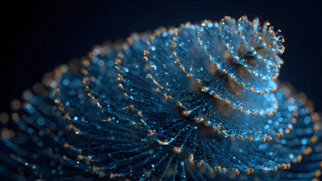 Pinecone formed from intricate swirling blue and gold particles represents a natural organic structure in a digital format.