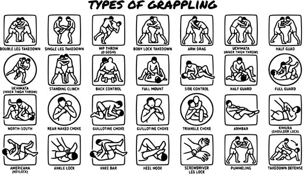 Black and White Line Art Icons of Grappling Techniques for Combat Sports and Martial Arts