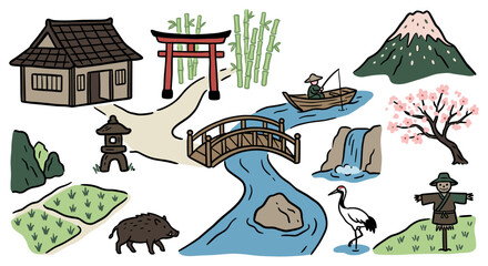 Obraz premium Hand-drawn collection of traditional Japanese cultural elements, including a house, torii gate, bamboo, and Mount Fuji, in a charming doodle style