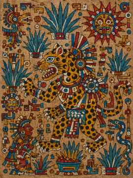 Traditional Aztec Codex Jaguar Painting Print, Flat Natural Pigments on Amate Bark Paper for Historical Decor