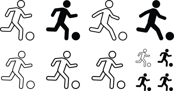 Stick figures playing soccer in different poses with outline and filled icons representing action