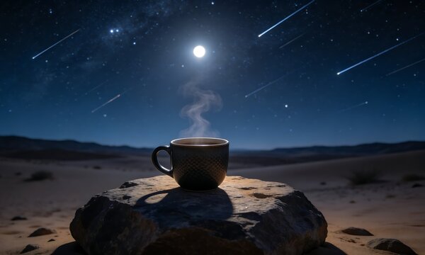 Steaming cup of coffee under a meteor shower in the desert at night, celestial event, starry sky, lunar glow
