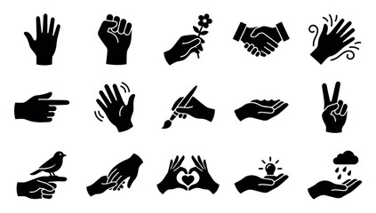 Fototapeta premium Comprehensive collection of black silhouette human hand gestures and actions, including pointing, waving, holding, and forming symbols