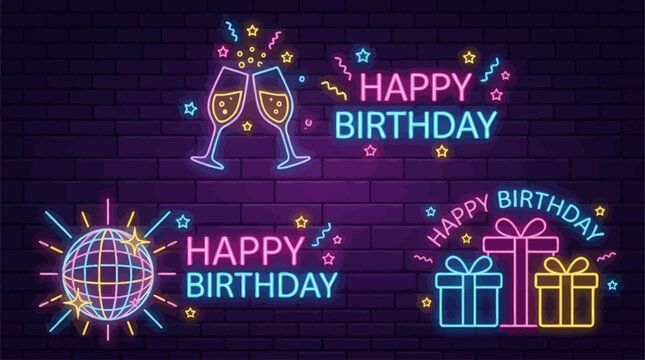 Happy Birthday Neon Signs Collection Featuring Celebration Icons