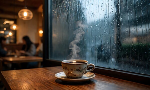 Steaming hot coffee on a wooden table by a rainy window, offering a cozy and comforting escape inside a warm cafe
