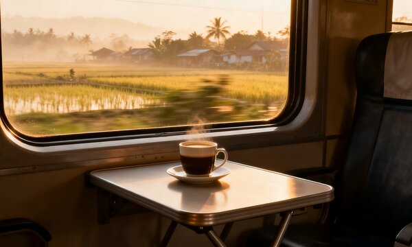 Steaming coffee cup on a train table, offering a tranquil window view of a misty rural landscape at dawn, featuring lush rice fields and a distant village, embodying peaceful travel