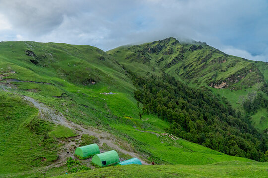 Green camping tents pitched on a lush mountain meadow under cloudy skies at Ali Bedni Bugyal, Chamoli, Uttarakhand, India