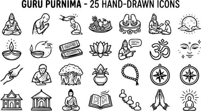 Guru Purnima Hand-Drawn Line Art Icons Set: Spirituality, Hinduism, Teaching, Wisdom, and Cultural Symbols Collection