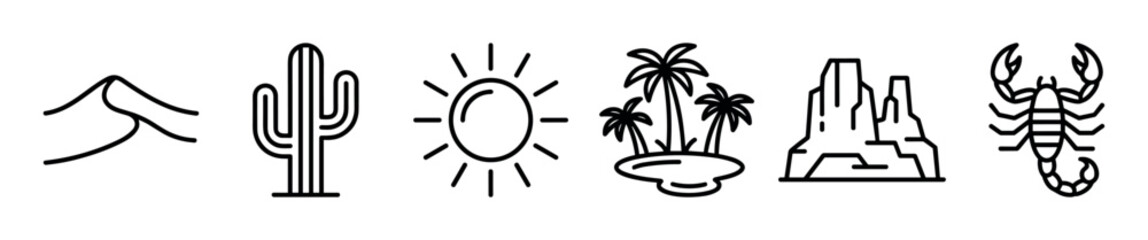 Obraz premium Six distinct desert-themed line icons, including a sand dune, cactus, sun, palm trees on an island, rock formations, and a scorpion, presented in a clean, minimalist style