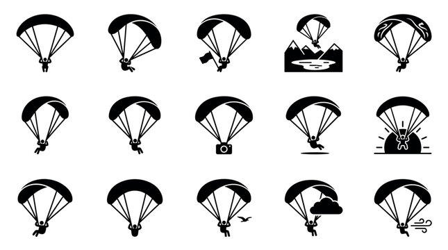Collection of black silhouette parachute icons depicting various skydiving activities and adventures in a clean, graphic style