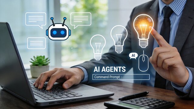 Artificial intelligence agents command prompt interface with robot chatbot and glowing lightbulbs, representing automated tasks, virtual assistant, generative AI, prompt