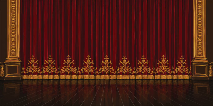 Luxury Red Theater Stage Curtain Background with Ornate Golden Decoration