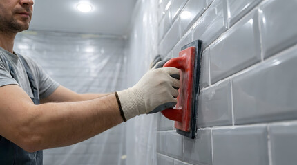 Obraz premium Professional tiler applying white grout to grey subway tiles with a rubber float tool during a bathroom renovation project, close-up of worker's gloved hand finishing ceramic wall tiling.