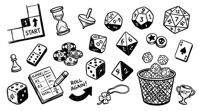 Various hand-drawn board game elements, including dice, cards, tokens, and game pieces, rendered in a playful doodle style