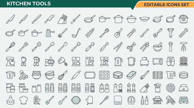 Comprehensive set of modern thin-line vector icons showcasing essential kitchen tools and cooking utensils for various culinary tasks