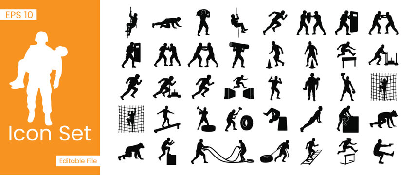 Military Tactical Training and Soldier Obstacle Course Silhouette Icons Set for Army Boot Camp Special Forces and Fitness Endurance