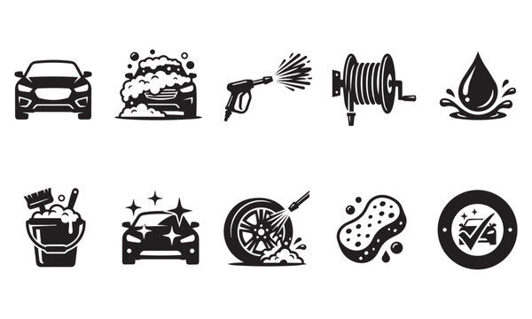 Vehicle wash and auto detailing service solid silhouette icon set