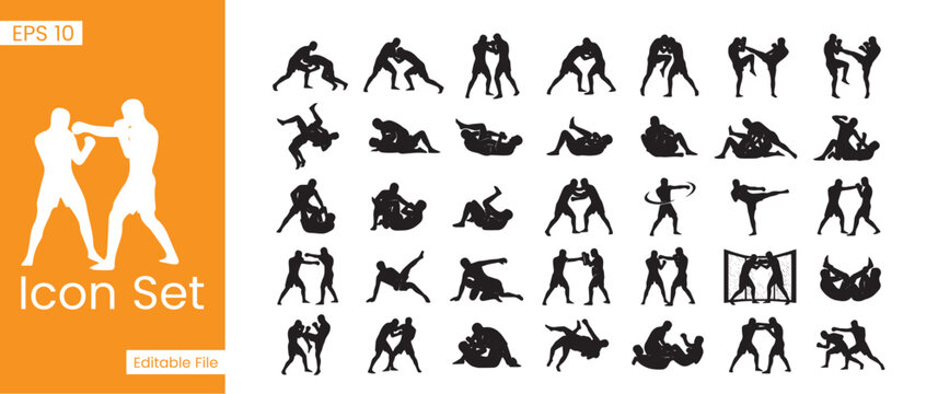 Mixed Martial Arts and Combat Sports Silhouette Icons Set for MMA Grappling Wrestling and Self Defense Training