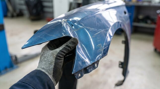 Close-up of a dented blue car fender being held by a gloved hand in a workshop.