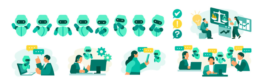 Modern business professionals implementing an AI chatbot ecosystem to enhance communication and streamline operations across a cohesive vector illustration series.
