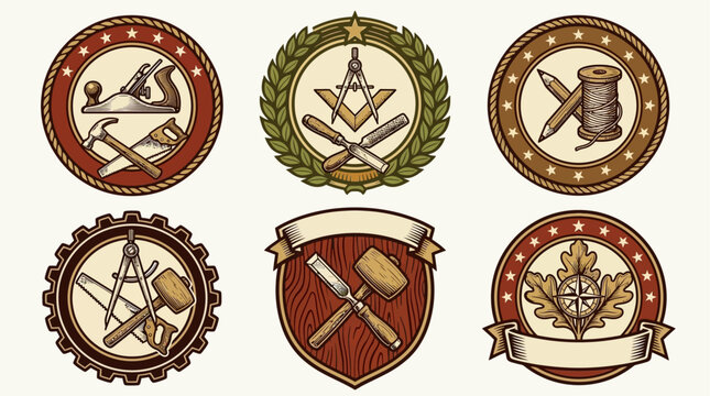 Collection of Emblems Featuring Craftsmanship and Trade Tools