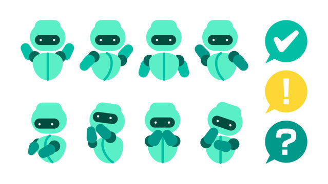 Versatile AI chatbot character design kit showcasing a friendly robot mascot expressing different emotions like thinking, helping, and celebrating to guide website users