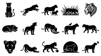Obraz premium Various black panther silhouettes in different poses, including sitting, jumping, roaring, and drinking, presented as a collection of graphic icons