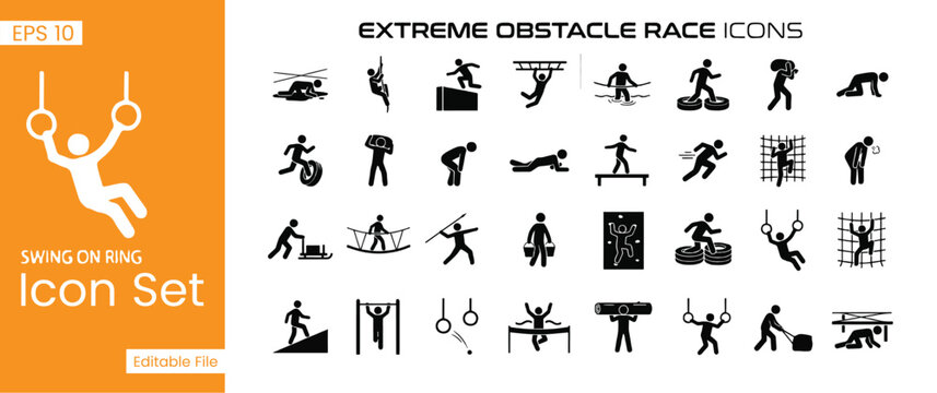 Extreme Obstacle Race and Mud Run Fitness Silhouette Icons Set for Spartan Challenge, Military Bootcamp, and Endurance Training