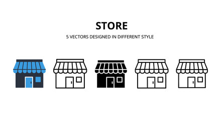 Naklejka premium Store icon set with 5 vectors designed in different styles, retail shop building symbols, flat and outline boutique storefront illustrations