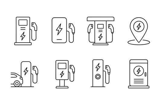 Electric vehicle charging station icons set line art