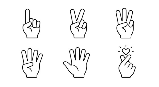 Set of hand gestures illustrating different signs and fingers counting