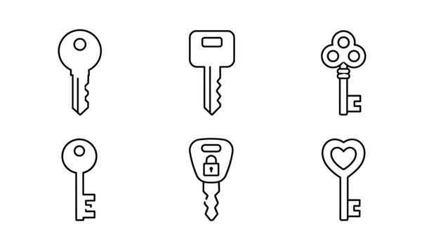 Collection of six different key line art designs on white background