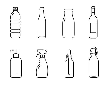 Outlined assorted beverage and spray bottles vector set