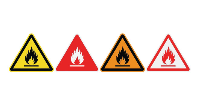 Flammable hazard warning signs, set of 4 fire danger triangle icons, industrial safety symbols for combustible materials and chemical risk