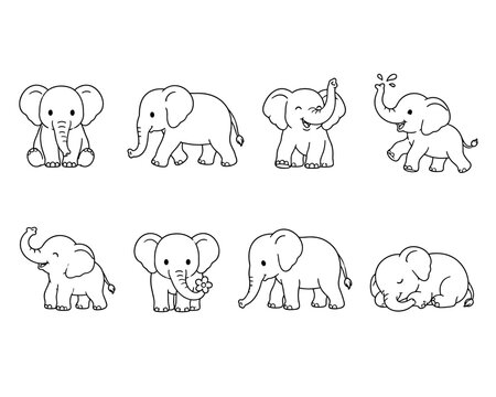 Cute cartoon elephants in various playful poses and activities